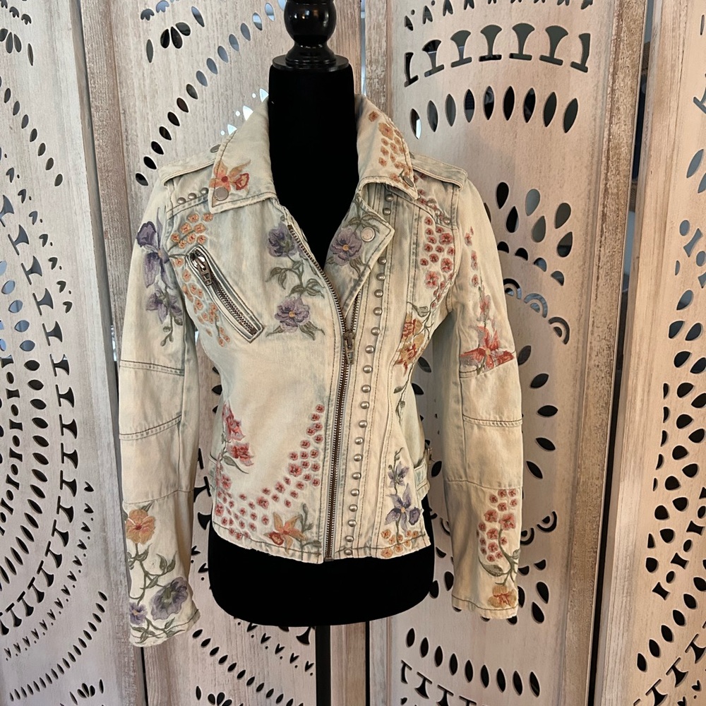 Blank NYC Jean Embroidered Moto Jacket